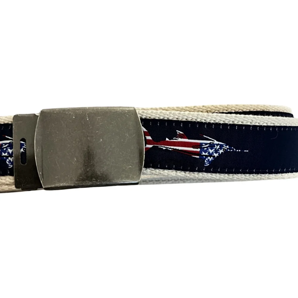 American Red White Blue Canvas Belt Sturgeon Fish American Flag Metal Buckle